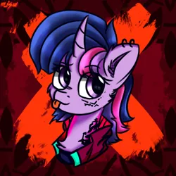 Size: 600x600 | Tagged: safe, artist:mjsw, derpibooru import, twilight sparkle, pony, unicorn, :p, abstract background, alternate hairstyle, bust, clothes, curved horn, ear piercing, earring, eyebrows visible through hair, female, horn, jewelry, mare, mlem, piercing, punklight sparkle, silly, sketch, solo, tattoo, tongue out