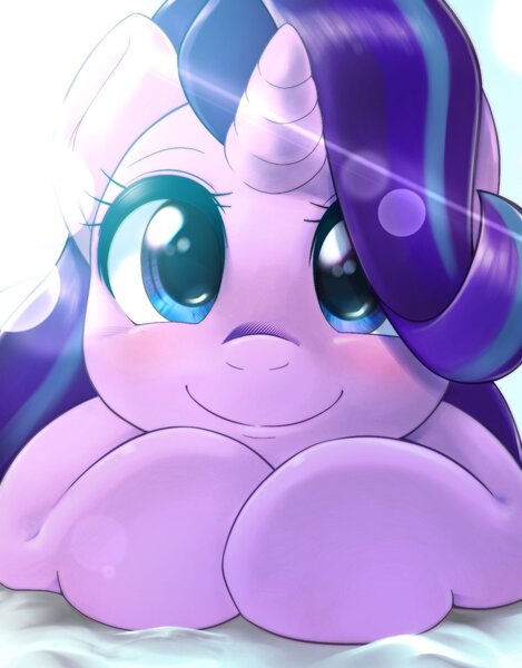 Size: 1200x1536 | Tagged: safe, artist:kurogewapony, derpibooru import, starlight glimmer, pony, unicorn, blushing, bust, close-up, crepuscular rays, cute, female, glimmerbetes, hair over one eye, looking at you, lying down, mare, portrait, prone, simple background, smiling, solo, weapons-grade cute