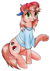 Size: 2389x3385 | Tagged: safe, artist:40kponyguy, derpibooru import, edit, oc, oc:nintendy, unofficial characters only, pony, unicorn, derpibooru community collaboration, 2021 community collab, baseball cap, cap, clothes, ear fluff, female, hat, looking at you, mare, pokéball, pokémon, raised hoof, shirt, simple background, solo, t-shirt, traditional art, transparent background, underhoof