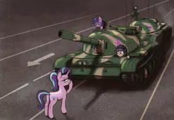 Size: 1720x1180 | Tagged: safe, artist:t72b, derpibooru import, starlight glimmer, twilight sparkle, oc, oc:tenk pone, earth pony, pony, unicorn, annoyed, boop, historical roleplay starlight, looking at you, parody, self-boop, tank (vehicle), tank man, tiananmen square, twilight is not amused, type 59, unamused