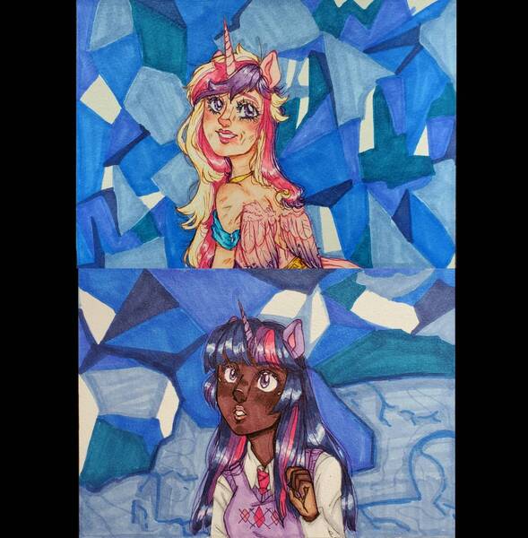 Size: 1615x1646 | Tagged: a canterlot wedding, alicorn humanization, artist:theartoffallensakura, dark skin, derpibooru import, horn, horned humanization, human, humanized, messy hair, necktie, princess cadance, safe, scene interpretation, sisters-in-law, smiling, sweater vest, twilight sparkle, winged humanization, wings