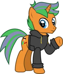 Size: 1168x1379 | Tagged: safe, artist:lightningbolt, derpibooru import, oc, unofficial characters only, pony, unicorn, derpibooru community collaboration, .svg available, 2021 community collab, clothes, hoodie, horn, male, raised hoof, simple background, solo, stallion, standing, svg, transparent background, underhoof, vector, waving