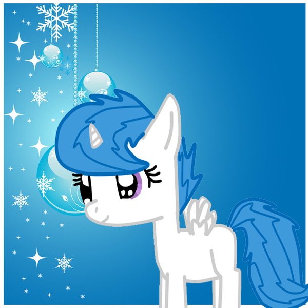 Size: 894x894 | Tagged: safe, artist:snowy-070, derpibooru import, oc, oc:snowy, alicorn, pony, blue background, cute, female, filly, ocbetes, ornaments, shine, shiny, simple background, smiling, snow, snowflake, snowybetes, sparkles