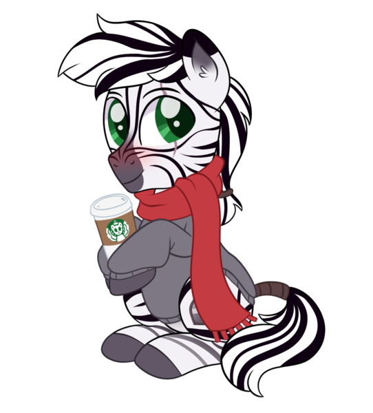 Size: 1127x1247 | Tagged: safe, artist:ashidaii, derpibooru import, oc, oc:palatinatus clypeus, unofficial characters only, zebra, blushing, clothes, coffee, colored pupils, cute, ear fluff, eye scar, image, looking at you, male, png, scar, scarf, simple background, sitting, smiling, solo, stallion, starbucks, sweater, tail wrap, transparent background, zebra oc