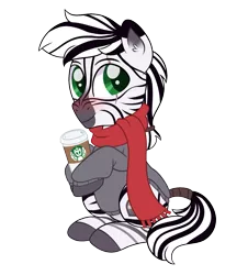 Size: 1127x1247 | Tagged: safe, artist:ashidaii, derpibooru import, oc, oc:palatinatus clypeus, unofficial characters only, zebra, blushing, clothes, coffee, colored pupils, cute, ear fluff, eye scar, image, looking at you, male, png, scar, scarf, simple background, sitting, smiling, solo, stallion, starbucks, sweater, tail wrap, transparent background, zebra oc