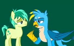 Size: 1024x640 | Tagged: safe, artist:whistle blossom, banned from derpibooru, deleted from derpibooru, derpibooru import, gallus, sandbar, earth pony, gryphon, pony, school daze, colt, digital art, duo, duo male, foal, gallus is not amused, green background, image, jpeg, looking at each other, male, obtrusive watermark, open mouth, sandbar is amused, simple background, smiling, smirk, teal background, teenager, unamused, watermark