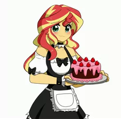 Size: 4096x4028 | Tagged: safe, artist:kittyrosie, derpibooru import, sunset shimmer, equestria girls, blushing, cake, clothes, cute, digital art, female, food, maid, shimmerbetes, simple background, smiling, solo