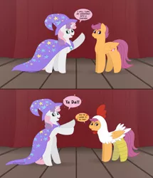 Size: 7014x8171 | Tagged: safe, artist:midnightamber, derpibooru import, scootaloo, sweetie belle, pegasus, pony, unicorn, absurd resolution, animal costume, cape, chicken suit, clothes, colored lineart, colored pupils, commission, costume, hat, magic act, magic trick, magician outfit, scootachicken, simple background, speech bubble, stage, stage light, standing on two hooves, trixie's cape, trixie's hat