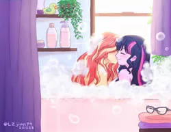 Size: 1136x876 | Tagged: suggestive, artist:lzjian79, derpibooru import, sci-twi, sunset shimmer, twilight sparkle, equestria girls, bath, bathing together, bathtub, clothes, eyes closed, female, foam, glasses, glasses off, lesbian, partial nudity, scitwishimmer, shipping, soap bubble, sunsetsparkle, topless