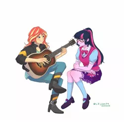 Size: 1409x1380 | Tagged: safe, alternate version, artist:lzjian79, derpibooru import, sci-twi, sunset shimmer, twilight sparkle, equestria girls, clothes, female, glasses, guitar, lesbian, musical instrument, scitwishimmer, shipping, socks, sunsetsparkle