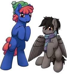 Size: 1322x1450 | Tagged: safe, artist:luther, derpibooru import, oc, oc:erasable, oc:luther, unofficial characters only, earth pony, pegasus, pony, derpibooru community collaboration, 2021 community collab, clothes, hat, male, scarf, simple background, sitting, smiling, standing, toque, transparent background