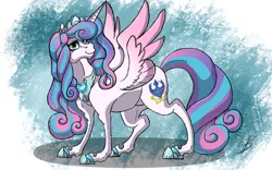 Size: 1600x1000 | Tagged: safe, artist:batrina, derpibooru import, princess flurry heart, alicorn, pony, colored wings, colored wingtips, crown, female, hoof shoes, jewelry, mare, older, older flurry heart, peytral, regalia, signature, smiling, solo, wings