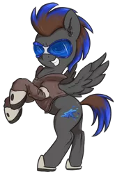 Size: 830x1260 | Tagged: safe, artist:t72b, derpibooru import, oc, oc:blue flare, pegasus, pony, derpibooru community collaboration, 2021 community collab, boots, clothes, coat, ear piercing, earring, grin, jewelry, male, piercing, rearing, shoes, simple background, smiling, solo, stallion, sunglasses, transparent background