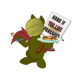 Size: 2048x2048 | Tagged: safe, artist:zoness, derpibooru import, oc, oc:zoness, unofficial characters only, original species, pony, derpibooru community collaboration, 2021 community collab, food, fork, high res, male, maple syrup, pancakes, planet pony, sign, simple background, sitting, solo, spread wings, transparent background, wings