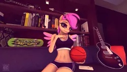 Size: 1920x1080 | Tagged: safe, artist:elektra-gertly, derpibooru import, scootaloo, anthro, pegasus, 3d, ball, basketball, belly button, bellyring, book, bookshelf, clothes, couch, eyeshadow, female, guitar, hand on chest, indoors, iphone, looking at you, makeup, mascara, mobile phone, musical instrument, phone, piercing, porn, room, sexy, shelf, shorts, sitting, skateboard, smartphone, smiling, solo, source filmmaker, sports, sports bra, sports shorts, wings