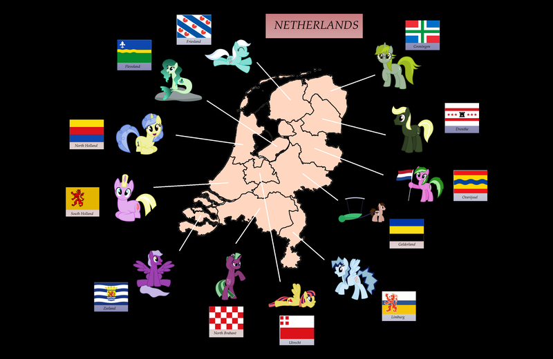 Size: 2924x1900 | Tagged: safe, artist:parclytaxel, derpibooru import, edit, oc, ponified, earth pony, merpony, pegasus, pony, unicorn, carriage, drenthe, flag, flevoland, friesland, gelderland, grin, groningen, limburg, lounging, map, nation ponies, netherlands, north brabant, north holland, overijssel, ponies as regions, province, provinciepaarden, raised eyebrow, raised hoof, sitting, smiling, south holland, spread wings, utrecht, water, wings, zeeland, zeewolde