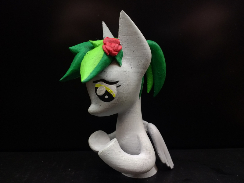 Size: 1024x768 | Tagged: safe, artist:mraagh, derpibooru import, oc, oc:sorunome, unofficial characters only, pegasus, pony, 3d, 3d print, 3d printed, black background, blender, clothes, cute, eyes open, female, figure, figurine, flower, flower in hair, gray coat, green mane, irl, looking down, mare, multicolor hair, multicolored hair, multicolored mane, open eyes, painted, photo, ponytail, profile, sfm pony, shadow, short mane, simple background, socks, solo, spiky mane, squatting, standing, statue, yellow eyes