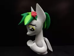 Size: 1024x768 | Tagged: safe, artist:mraagh, derpibooru import, oc, oc:sorunome, unofficial characters only, pegasus, pony, 3d, 3d print, 3d printed, black background, blender, clothes, cute, eyes open, female, figure, figurine, flower, flower in hair, gray coat, green mane, irl, looking down, mare, multicolor hair, multicolored hair, multicolored mane, open eyes, painted, photo, ponytail, profile, sfm pony, shadow, short mane, simple background, socks, solo, spiky mane, squatting, standing, statue, yellow eyes