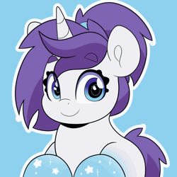 Size: 2000x2000 | Tagged: safe, artist:partylikeanartist, derpibooru import, oc, oc:indigo wire, pony, unicorn, animated, anime eyes, anime style, blinking, blue background, eye clipping through hair, eyebrows, eyebrows visible through hair, gif, gradient hooves, looking at you, ponytail, simple background, smiling, solo, wingding eyes