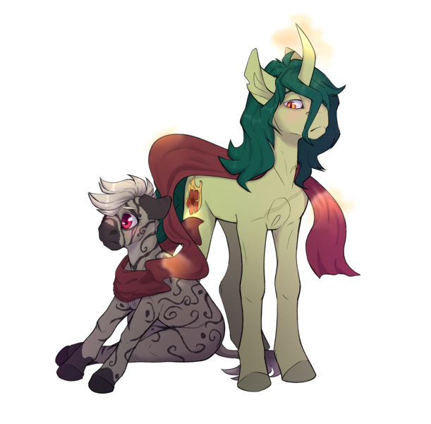 Size: 2700x2650 | Tagged: safe, artist:yarugreat, derpibooru import, oc, oc:pythia, oc:pythia majere, oc:terryred, unofficial characters only, unicorn, zebra, derpibooru community collaboration, 2021 community collab, curved horn, horn, shipping, simple background, transparent background, unicorn oc, zebra oc