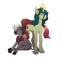 Size: 2700x2650 | Tagged: safe, artist:yarugreat, derpibooru import, oc, oc:pythia, oc:pythia majere, oc:terryred, unofficial characters only, unicorn, zebra, derpibooru community collaboration, 2021 community collab, curved horn, horn, shipping, simple background, transparent background, unicorn oc, zebra oc