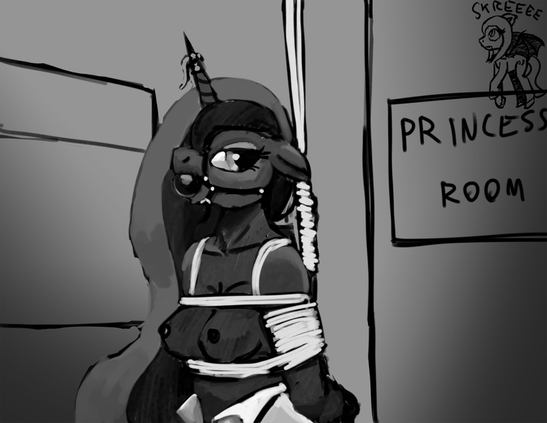 Size: 1280x989 | Tagged: questionable, artist:warskunk, derpibooru import, princess luna, anthro, arm behind back, ballgag, bondage, breasts, bridle, clothes, floppy ears, gag, horn, horn cap, magic suppression, nipples, nudity, partial nudity, rope, rope bondage, tack, topless