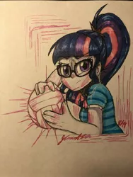 Size: 1536x2048 | Tagged: artist needed, source needed, safe, derpibooru import, sci-twi, twilight sparkle, equestria girls, dodgeball, solo, sports, traditional art, volleyball