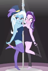 Size: 1285x1895 | Tagged: suggestive, artist:grapefruitface1, derpibooru import, starlight glimmer, trixie, equestria girls, bare shoulders, barefoot, base used, breasts, clothes, dress, duo, ear piercing, earring, feet, female, jewelry, lesbian, necklace, panties, panties around legs, piercing, shipping, short dress, sleeveless, socks, startrix, stockings, strapless, stripper pole, thigh highs, underwear