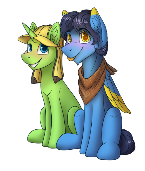 Size: 2557x3000 | Tagged: oc name needed, safe, artist:helmie-art, artist:klarapl, derpibooru import, oc, oc:helmie, oc:klara, unofficial characters only, pegasus, pony, unicorn, derpibooru community collaboration, 2021 community collab, blushing, duo, female, male, mare, no eyelashes, simple background, stallion, tongue out, transparent background