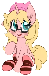 Size: 1100x1700 | Tagged: safe, artist:litrojia, derpibooru import, oc, oc:mille feuille, unofficial characters only, pony, unicorn, derpibooru community collaboration, 2021 community collab, back freckles, blushing, cheek fluff, chest fluff, chubby, clothes, ear fluff, female, floppy ears, freckles, glasses, hat, looking at you, mare, one ear down, open mouth, raised hoof, simple background, sitting, smiling, socks, solo, striped socks, transparent background