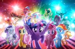 Size: 1600x1052 | Tagged: safe, derpibooru import, official, applejack, capper dapperpaws, captain celaeno, fluttershy, grubber, pinkie pie, princess skystar, queen novo, rainbow dash, rarity, songbird serenade, spike, storm king, tempest shadow, twilight sparkle, twilight sparkle (alicorn), abyssinian, alicorn, anthro, bird, dragon, earth pony, parrot, parrot pirates, pegasus, pony, seapony (g4), unicorn, my little pony: the movie, alicorn princess, angry, armor, beauty mark, bow, broken horn, caption, cowboy hat, ear piercing, earring, female, flying, hair bow, hat, horn, jewelry, looking at you, male, mane seven, mane six, mare, my little pony logo, piercing, pirate, pirate hat, promotional art, spanish description, spread wings, standing, sword, text, wall of tags, weapon, wings