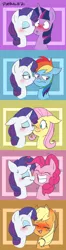 Size: 1152x4362 | Tagged: safe, artist:dimbulb, derpibooru import, applejack, fluttershy, pinkie pie, rainbow dash, rarity, twilight sparkle, alicorn, earth pony, pegasus, pony, unicorn, blushing, blushing profusely, eyes closed, female, flarity, grin, kiss on the cheek, kissing, lesbian, one eye closed, polyamory, rainbow dash is not amused, raridash, rarijack, rarilight, raripie, rarity gets all the mares, shipping, smiling, smooch, surprised, sweat, sweatdrop, tsunderainbow, tsundere, unamused