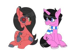 Size: 6700x5000 | Tagged: safe, artist:prince_skylight, derpibooru import, oc, oc:mp7, oc:skylight sparkle, unofficial characters only, pony, robot, robot pony, unicorn, derpibooru community collaboration, 2021 community collab, clothes, duo, grin, looking at each other, scarf, simple background, sitting, smiling, striped scarf, transparent background, unshorn fetlocks