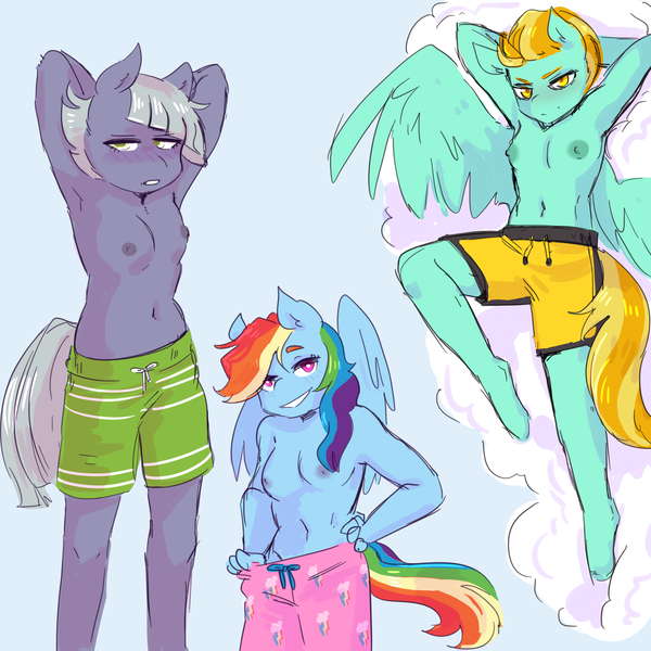 Size: 2000x2000 | Tagged: questionable, artist:currentlytr_ash, derpibooru import, lightning dust, limestone pie, rainbow dash, anthro, earth pony, pegasus, unguligrade anthro, armpits, breasts, clothes, cloud, delicious flat chest, dust flat, female, females only, limestone flat, male swimwear challenge, nipples, nudity, partial nudity, pose, rainbow flat, smiling, smirk, swim trunks, tomboy, topless, trio