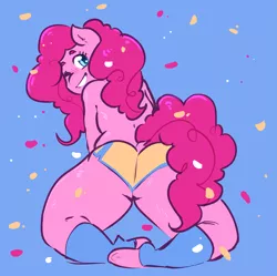 Size: 2229x2222 | Tagged: suggestive, artist:currentlytr_ash, derpibooru import, pinkie pie, anthro, earth pony, unguligrade anthro, balloonbutt, butt, clothes, confetti, female, grin, leggings, looking at you, looking back, looking back at you, one eye closed, partial nudity, plump, shorts, smiling, solo, solo female, topless, wink