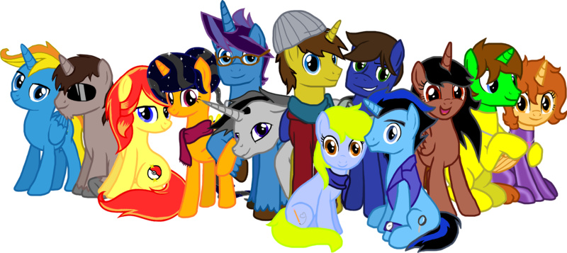 Size: 4260x1900 | Tagged: safe, artist:crisostomo-ibarra, derpibooru import, oc, oc:aspen, oc:author penfeather, oc:chaud starpower, oc:connie the casanova, oc:cyber gamer, oc:jessica pedley, oc:midnight shadows, oc:paint sketch, oc:princess fantasy star, oc:radiant sword, oc:ryan, oc:silvermane, oc:summer sketch, unofficial characters only, alicorn, earth pony, pegasus, pony, unicorn, derpibooru community collaboration, 2021 community collab, alicorn oc, bodysuit, clothes, female, glasses, horn, jacket, jewelry, latex, latex suit, male, mare, necklace, peace suit, scarf, simple background, smiling, stallion, transparent background, vest, watch, wings