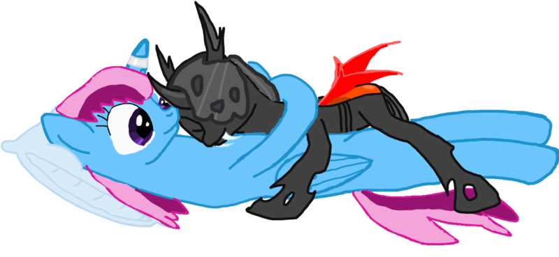 Size: 1280x590 | Tagged: safe, artist:toby the changeling, derpibooru import, oc, oc:parcly taxel, oc:toby, unofficial characters only, alicorn, changeling, pony, alicorn oc, cuddling, female, horn, lying down, mare, on back, orange changeling, pillow, simple background, transparent background, wings