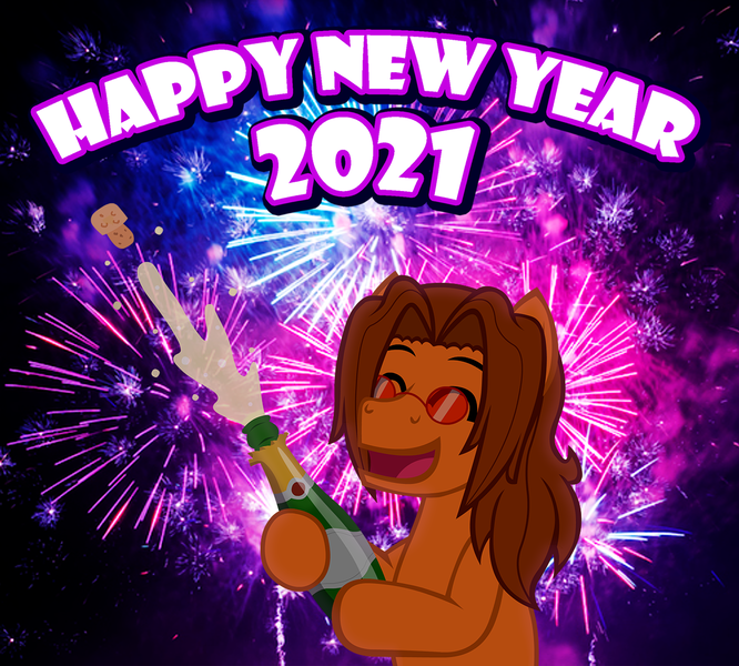 Size: 1280x1154 | Tagged: safe, artist:aha-mccoy, derpibooru import, oc, oc:aha mclovin, unofficial characters only, pegasus, pony, nopony-ask-mclovin, alcohol, champagne, eyes closed, fireworks, happy new year, happy new year 2021, holiday, male, new year, solo, stallion, sunglasses, wine