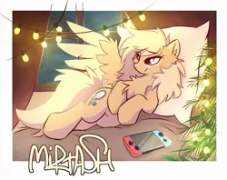 Size: 1107x878 | Tagged: safe, artist:kejifox, derpibooru import, oc, oc:mirta whoowlms, unofficial characters only, pegasus, pony, chest fluff, christmas, christmas tree, holiday, nintendo switch, solo, string lights, tree, window