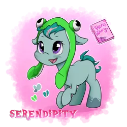 Size: 2000x2000 | Tagged: safe, artist:midnightpremiere, derpibooru import, oc, oc:serendipity, unofficial characters only, diary, frog hat, reference sheet, simple background, solo, transparent background