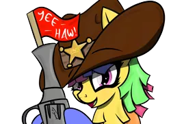 Size: 6500x4700 | Tagged: safe, artist:flywheel, derpibooru import, oc, oc:fiesta, unofficial characters only, cowboy hat, gun, hat, iawtc, mascot, piñata, simple background, solo, transparent background, weapon