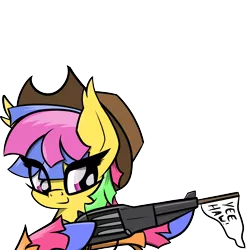 Size: 4500x4500 | Tagged: safe, artist:flywheel, derpibooru import, oc, oc:fiesta, unofficial characters only, cowboy hat, gun, hat, iawtc, mascot, simple background, solo, transparent background, weapon