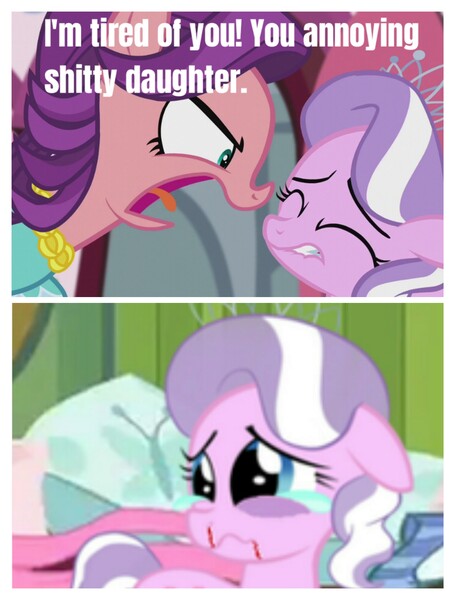 Size: 3106x4096 | Tagged: semi-grimdark, derpibooru import, edit, diamond tiara, spoiled rich, pony, crusaders of the lost mark, 2 panel comic, abuse, abuse edit, background pony strikes again, bad parenting, black eye, blood, child abuse, comic, crying, domestic abuse, equestria's worst mother, female, foal abuse, go to sleep spoiled rich, mother and child, mother and daughter, nosebleed, op is a duck, op is trying to start shit, sad, shitposting, spoiled bitch, tiarabuse, vulgar, yikes