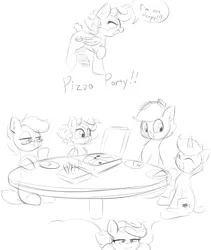 Size: 1991x2362 | Tagged: safe, artist:taurson, derpibooru import, oc, oc:blazing beams, oc:coffee, oc:hors, pony, food, monochrome, pizza, simple background, sitting, sketch, table, white background