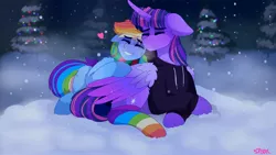 Size: 3840x2160 | Tagged: safe, artist:aaa-its-spook, derpibooru import, rainbow dash, twilight sparkle, twilight sparkle (alicorn), alicorn, pegasus, pony, blouse, christmas, christmas tree, clothes, eyes closed, female, holiday, hug, lesbian, mare, rainbow socks, shipping, snow, snowfall, socks, striped socks, tree, twidash, winter