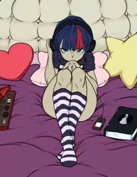 Size: 1836x2376 | Tagged: suggestive, artist:hot headed clover, derpibooru import, twilight sparkle, human, book, clothes, headphones, humanized, mp3 player, pillow, socks, solo, stocking feet, striped socks