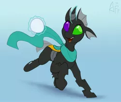 Size: 3630x3062 | Tagged: safe, artist:airfly-pony, derpibooru import, oc, oc:tah'ruk, unofficial characters only, changeling, clothes, green eye, heterochromia, male, purple eye, scarf, simple background, snaggletooth, snow, snowball