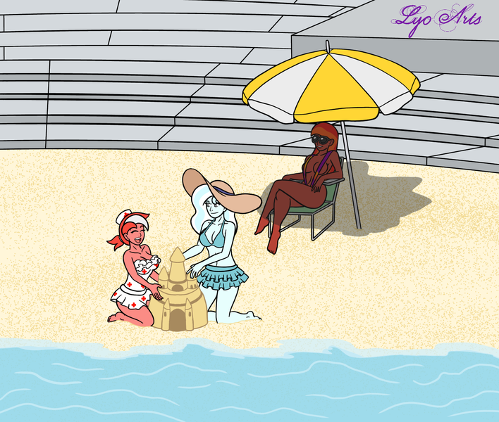 Size: 1419x1202 | Tagged: safe, artist:linedraweer, derpibooru import, oc, oc:aroma mend, oc:crystal frigid, oc:firebolt blaze, unofficial characters only, equestria girls, beach, clothes, commission, female, hat, petite, sandcastle, sun bathing, sun hat, sunglasses, swimsuit, umbrella, water