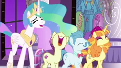 Size: 1920x1080 | Tagged: safe, derpibooru import, screencap, annoyed delegate, fleur de verre, princess celestia, tropical dream, alicorn, crystal pony, earth pony, pony, unicorn, a royal problem, faic, female, laughing, male, mare, stallion