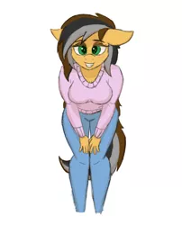 Size: 1250x1550 | Tagged: safe, artist:sufficient, derpibooru import, oc, oc:steaming stove, unofficial characters only, anthro, bedroom eyes, breasts, clothes, image, jeans, leaning forward, mature, pants, png, simple background, smiling at you, sweater, white background